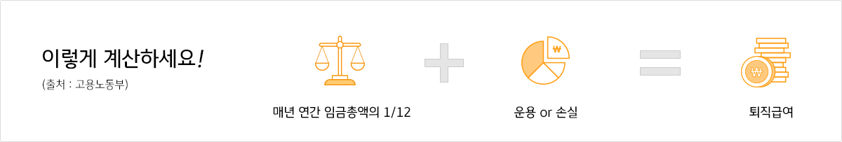 이렇게 계산하세요! (출처 : 고용노동부) : 매년 연간 임금총액의 1/12 + 운용 or 손실 = 퇴직급여